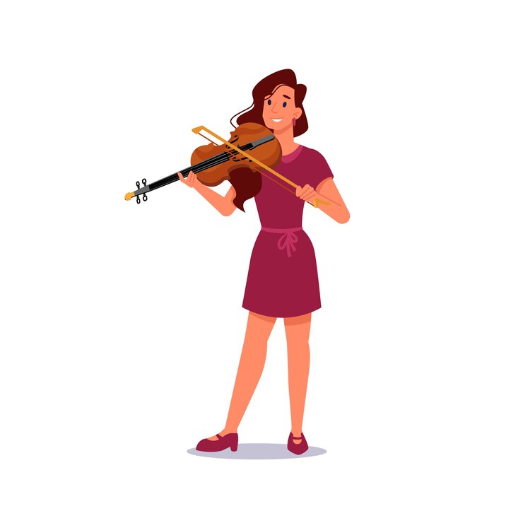 Vetor menina tocando violino, músico isolado no flatcartoon, vetor violinista tocando música de cordas