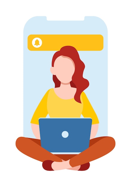 Vetor menina trabalha no computador portátil ilustração vetorial plana de trabalho freelancer em casa