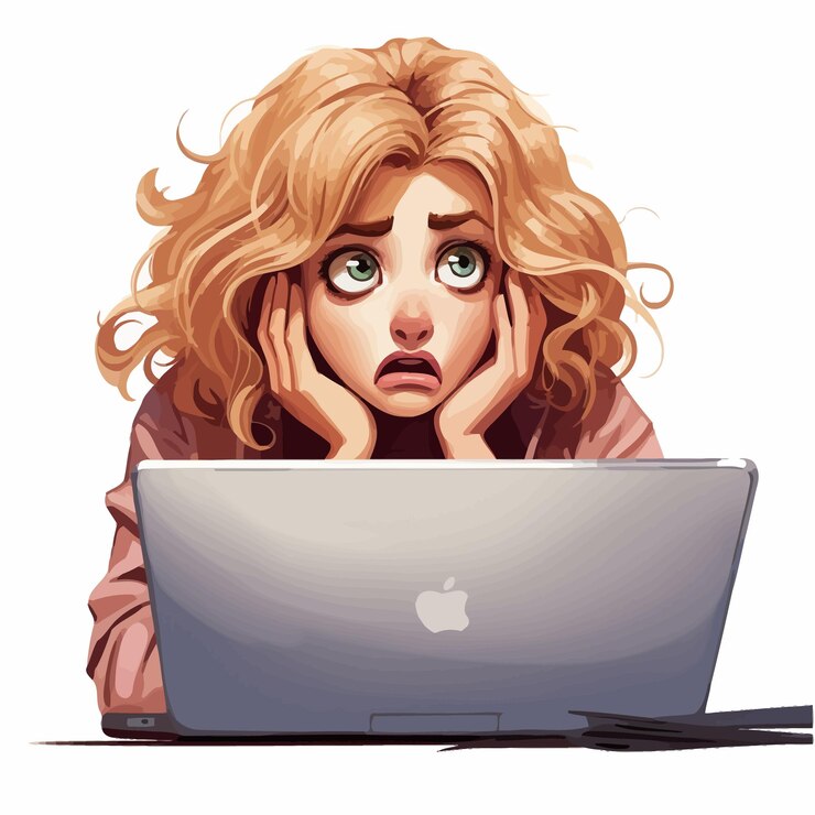 Vetor menina trabalhando em um computador cara envergonhada