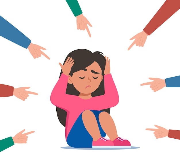 Menina triste ou deprimida cercada por mãos com os dedos indicadores apontando para ela bullying social