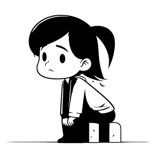 Vetor menina triste sentada em um bloco de madeira ilustração vetorial de desenho animado