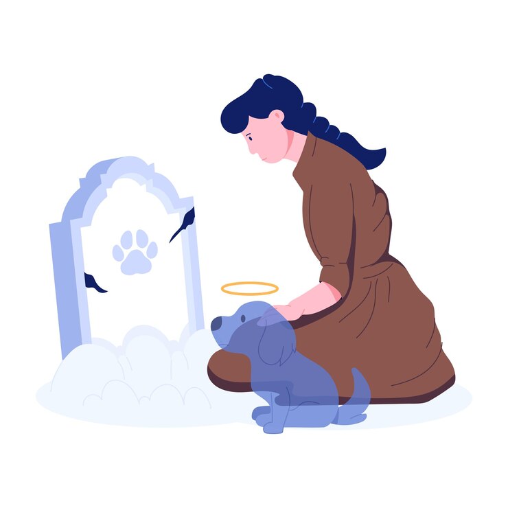 Vetor menina triste sentada em uma sepultura de animais de estimação ilustração plana