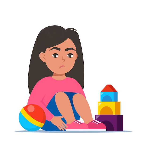 Vetor menina triste sentada no chão cercada por brinquedos autismo criança estresse transtorno mental ansiedade