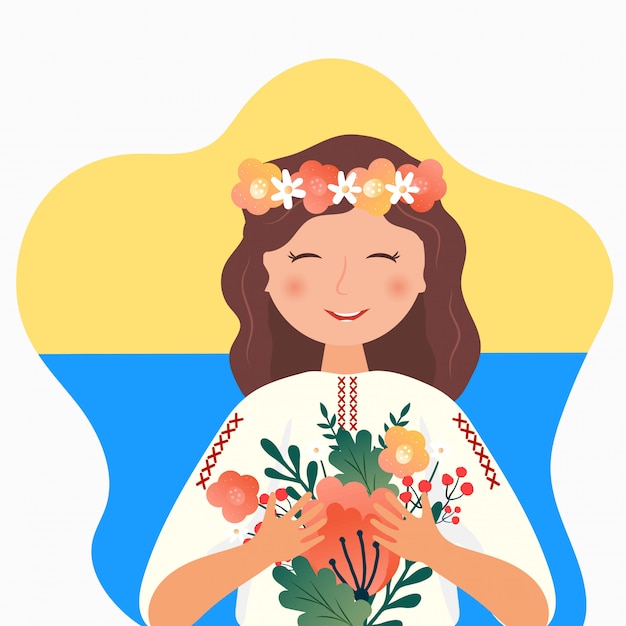 Menina ucraniana no traje folclórico com flores, coroa de flores e bandeira nacional da ucrânia. feliz independência, dia da constituição