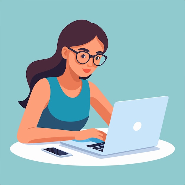 Menina usando uma ilustração vetorial plana de laptop