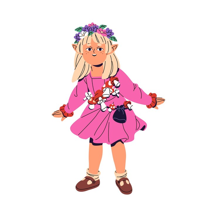 Vetor menina vestida com um traje de fada para a mascarada de halloween criança bonita vestindo uma fada com cogumelos coroa floral menino em traje de carnaval ilustração vetorial isolada plana em fundo branco