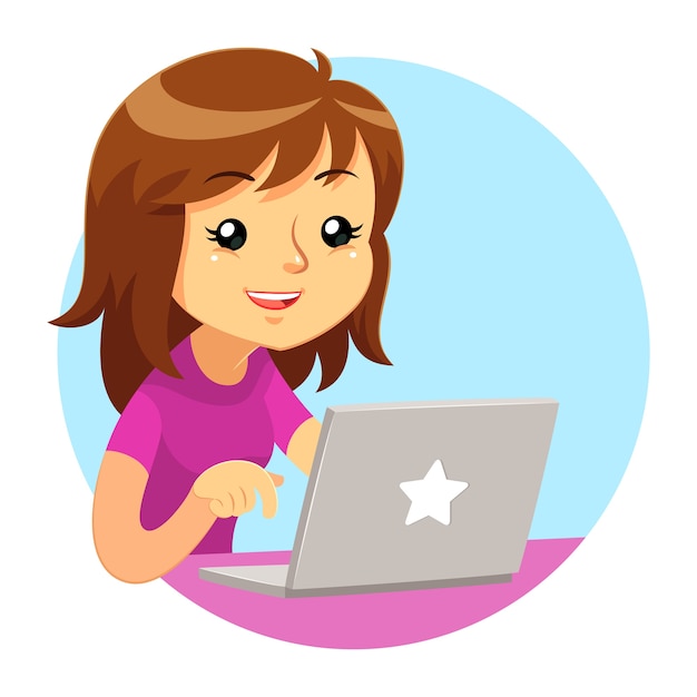 Vetor menina vestindo camisa roxa usando laptop cinza