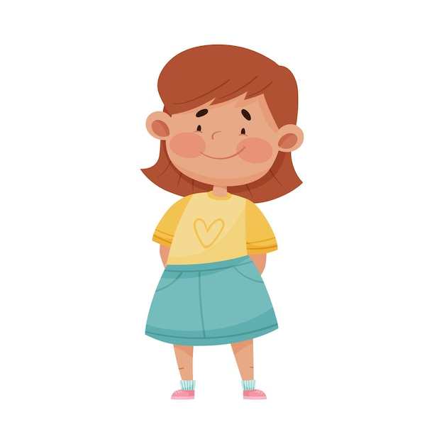 Menina vestindo saia azul sorrindo mostrando expressão feliz em seu rosto Ilustração vetorial