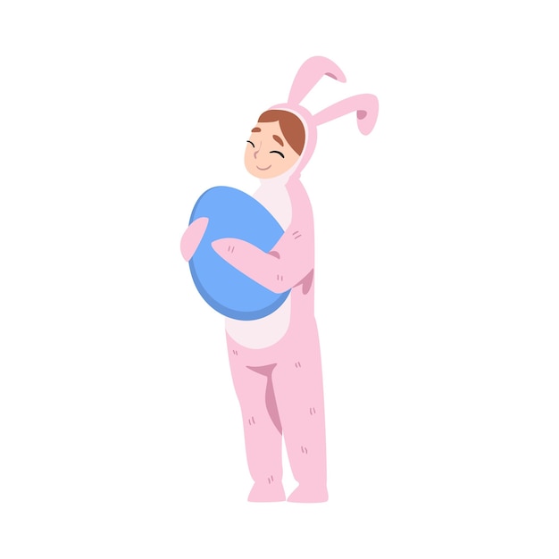 Vetor menina vestindo traje de coelho rosa segurando um grande ovo de páscoa decorado conceito de páscua feliz ilustração vetorial de estilo de desenho animado