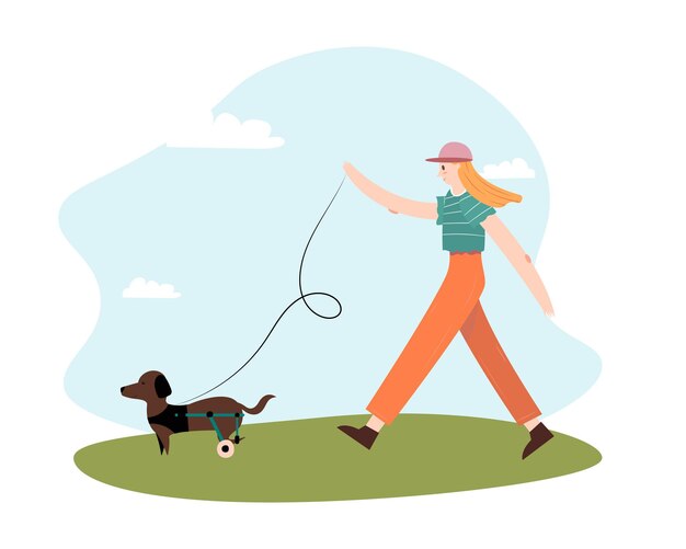 Menina vetorial com um cachorro em uma cadeira de rodas para as patas traseiras. ilustração em um estilo simples