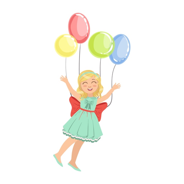 Menina voando no ar com quatro balões de festa