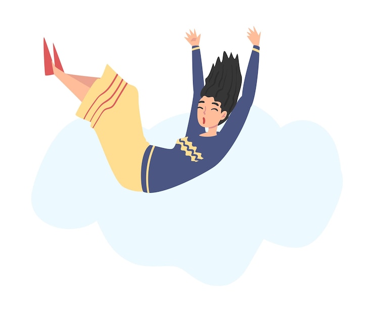Vetor menina voando no céu pessoa feliz sonhando se esforçando para o sucesso ou crescimento espiritual ilustração vetorial de estilo de desenho animado