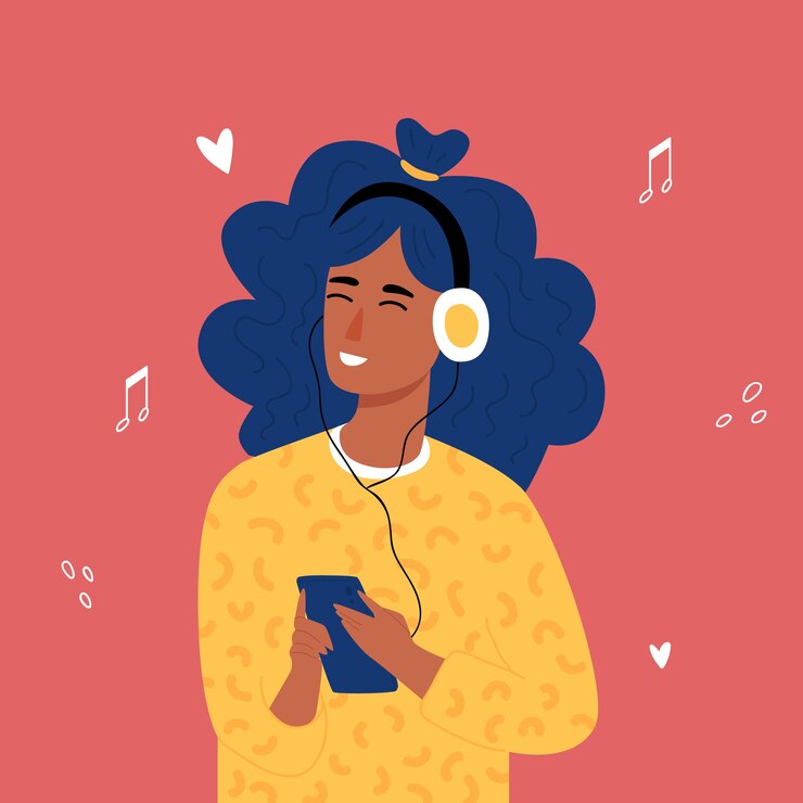 Meninas adolescentes africanas hipster ouvindo música com fones de ouvido. Estilo de mão desenhada elegante. .