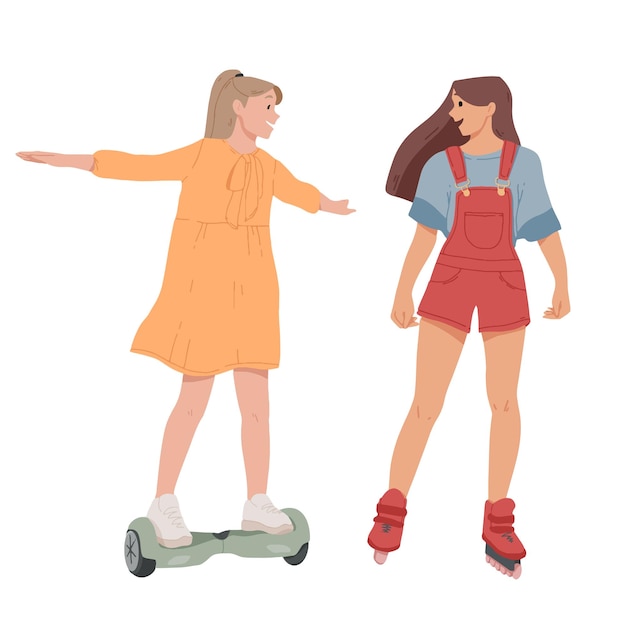 Meninas andam em patins de patinete de auto-equilíbrio