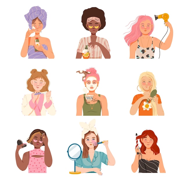 Meninas aplicando creme cosmético escovando o cabelo e colocando maquiagem conjunto de ilustrações vetoriais