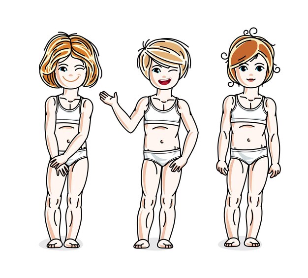 Vetor meninas bonitas crianças bonitas de pé em roupa interior branca. vector diversidade crianças ilustrações conjunto.