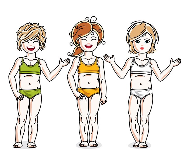 Vetor meninas bonitas crianças em grupo de pé vestindo biquini colorido. vector crianças ilustrações conjunto. infância e estilo de vida da família clip art.