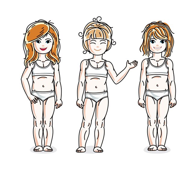 Vetor meninas bonitas de pé em roupa interior branca. vector diversidade crianças ilustrações conjunto. cartoons de infância e estilo de vida familiar.