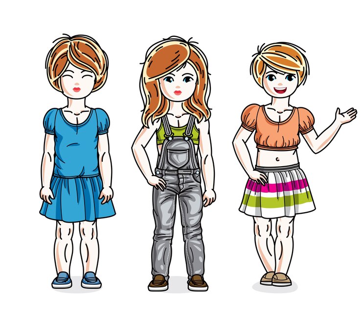 Vetor meninas bonitas de pé em roupas casuais elegantes. set de ilustrações de crianças vetoriais. cartoons de infância e estilo de vida familiar.