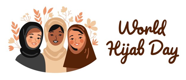 Vetor meninas cobertas de hijab segurando flores dia internacional do hijam três mulheres muçulmanas estão sorrindo fla