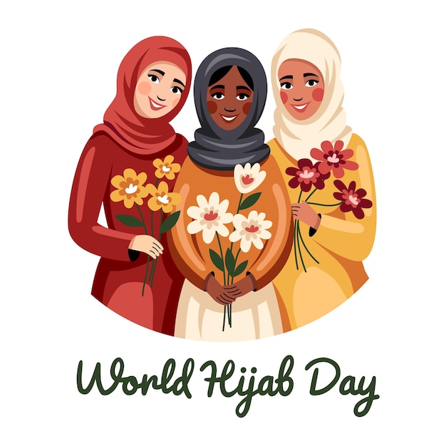 Meninas cobertas de hijab segurando flores dia internacional do hijam três mulheres muçulmanas estão sorrindo fla