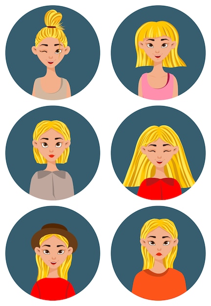 Vetor meninas com diferentes expressões faciais e emoções. estilo de desenho animado. ilustração.