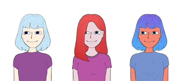 Meninas com diferentes penteados e desenhos de roupas