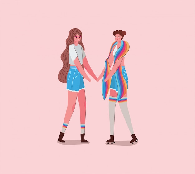 Meninas com trajes e bandeira lgtbi