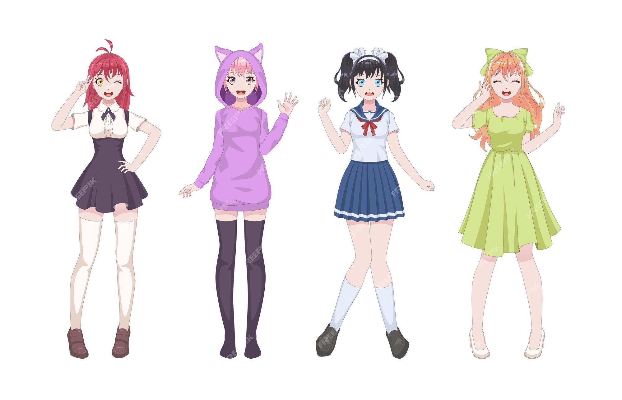 Diferentes opções de roupas para uma personagem feminina em um estilo kawaii  de desenho animado