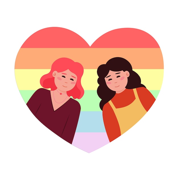Meninas dos desenhos animados da comunidade lgbt com coração no fundo Jovem casal de lésbicas parada do orgulho contra a violência e a discriminação homossexualidade e tolerância vetor
