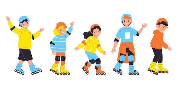 Meninas e meninos andam de patins. ilustração em vetor em estilo simples