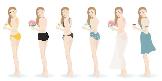 Meninas, em, diferente, swimsuit, para, verão, isolado