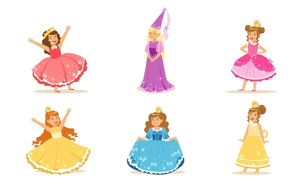 Meninas em vestidos coloridos de princesas ilustração vetorial