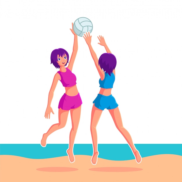 Meninas jogando vôlei na ilustração de praia