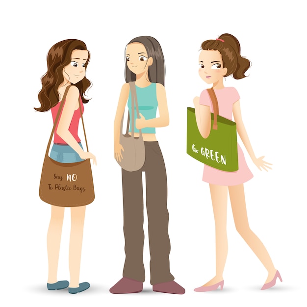 Meninas modernas, segurando o saco de tecido para fazer compras