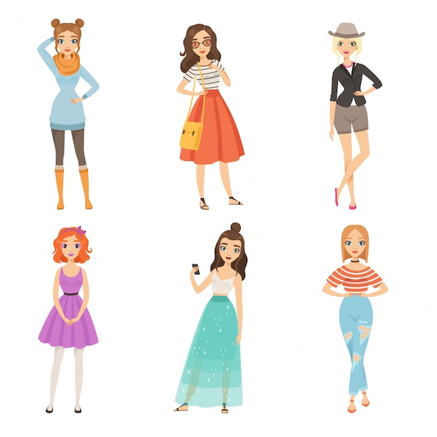 Vetor meninas na moda. personagens femininas de desenhos animados em várias poses de moda