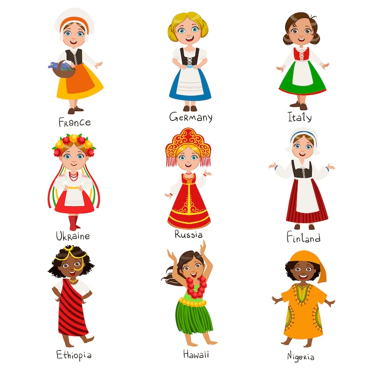 Vetor meninas no conjunto de trajes nacionais
