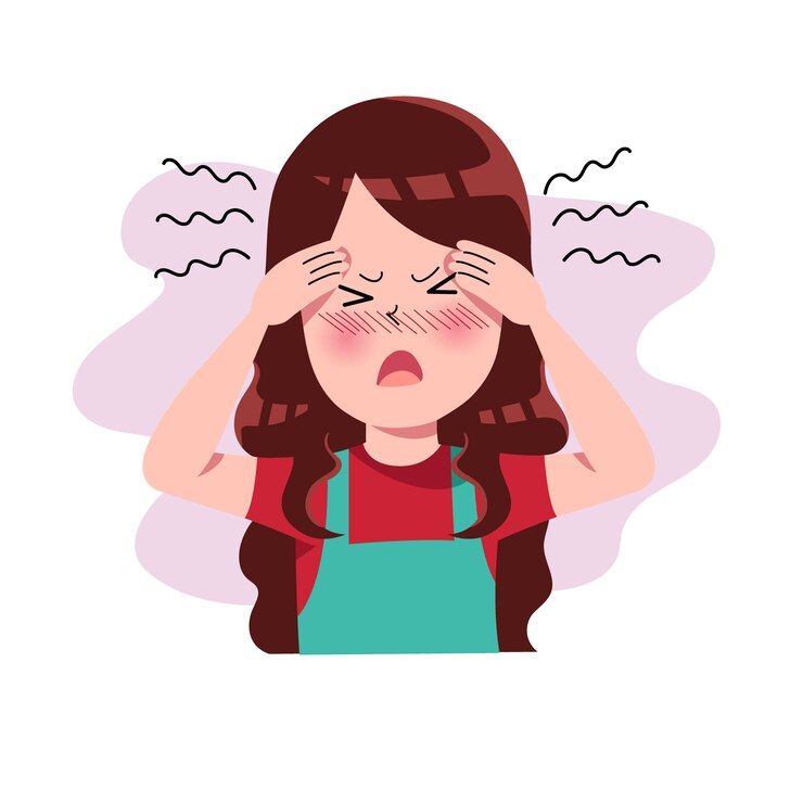 Meninas ou mulher ou pessoas com dor de cabeça. Enxaqueca. Estresse. Depressão. Expressão de frustração e raiva. Conceito de doença. Isolado. Ilustração em estilo cartoon plana. Saúde e Medicina