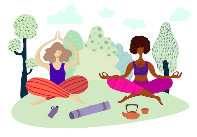 Meninas ou mulheres estão meditando e fazendo yoga no parque