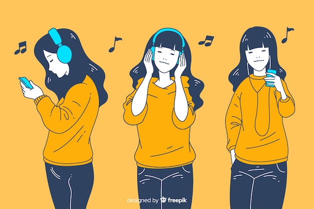 Meninas ouvindo música no estilo de desenho coreano