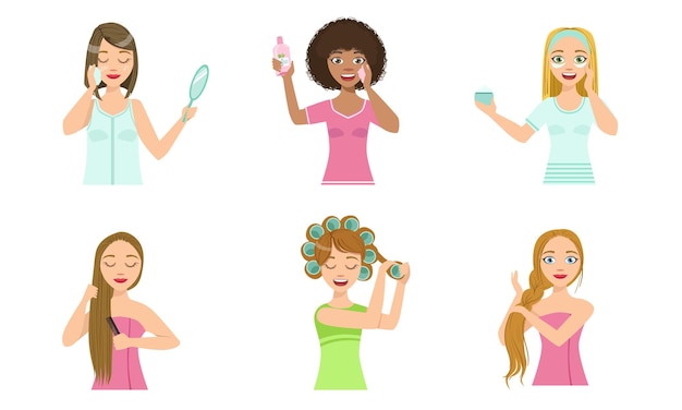 Meninas que aplicam diferentes máscaras faciais para o cuidado da pele definem uma jovem mulher limpando e cuidando de sua pele
