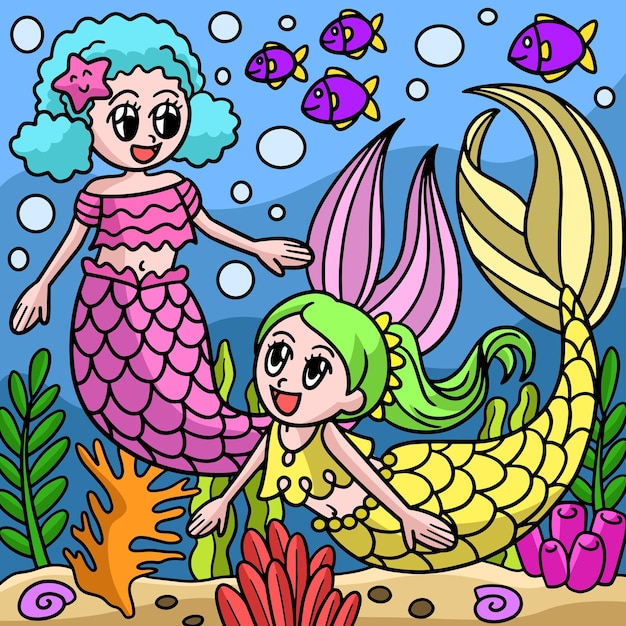 Meninas sereia jogando ilustração de desenho animado colorido