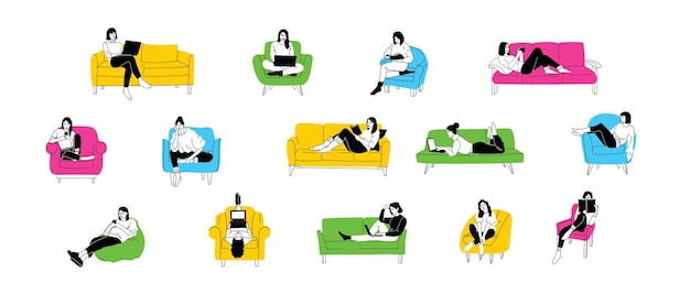 Meninas sorridentes felizes sentadas em cadeiras de sofás definidas mulheres relaxadas positivas relaxando personagens alegres descansando falando ilustrações de vetores gráficos planas isoladas no fundo branco