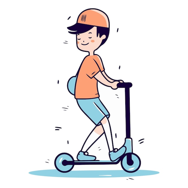 Menino a andar de scooter em estilo de desenho animado