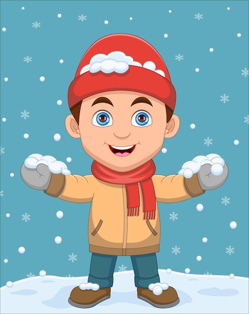Menino a brincar com desenho animado de neve