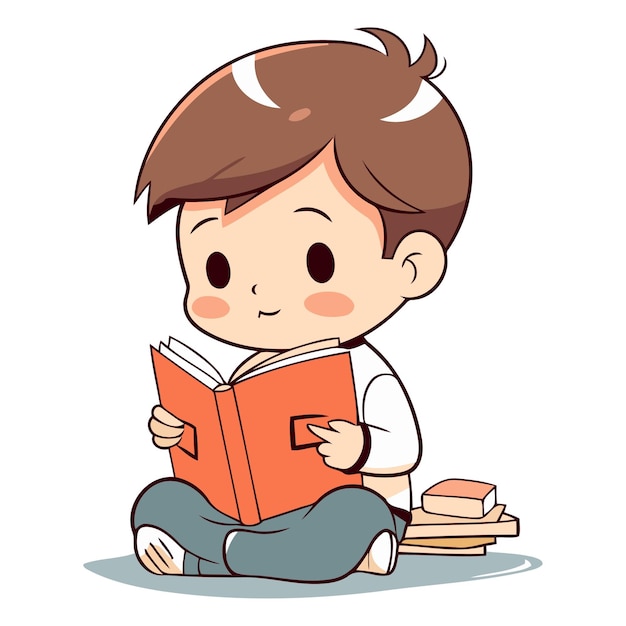 Vetor menino a ler um livro personagem de desenho animado bonito