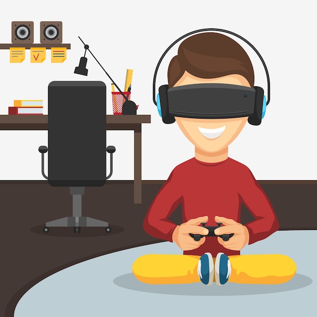 Menino adolescente com gamepad do controlador de jogo em óculos de realidade virtual e fones de ouvido no fundo do local de trabalho.