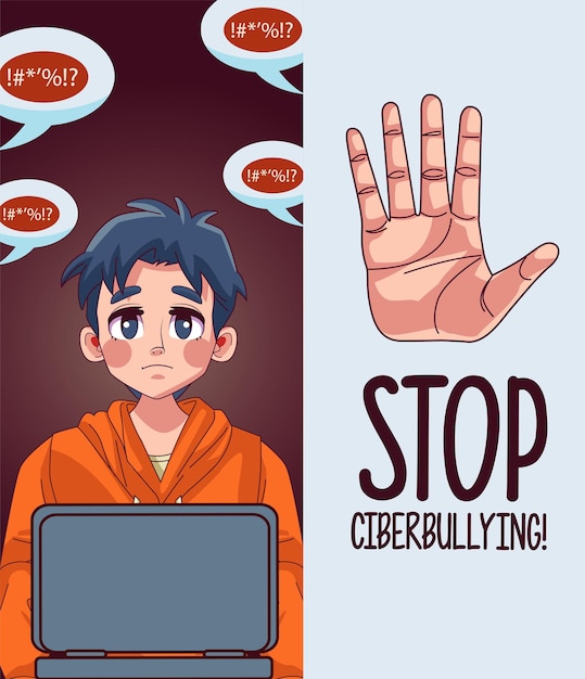 Menino adolescente usando laptop com letras de stop cyber bullying