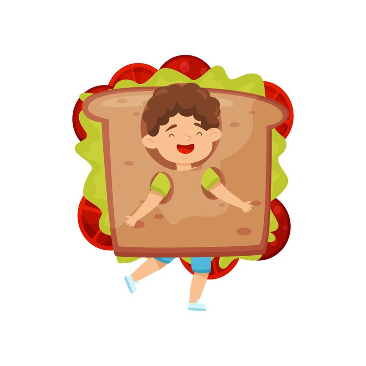 Vetor menino adorável vestindo traje de sanduíche criança adorável rindo comida rápida lanche saboroso criança alegre personagem de desenho animado ilustração vetorial colorida em estilo plano isolado em fundo branco