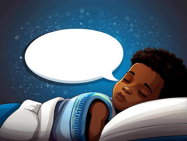 Vetor menino africano isolado a dormir com um vetor de sonho de bolha de fala em branco